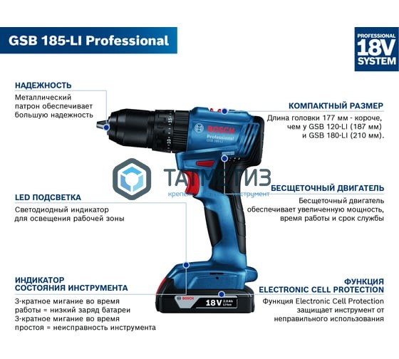 Дрель-шуруповерт аккумуляторная Bosch GSB 185-LI,2x2.0Aч,18V-20 Дрель-шуруповерт аккумуляторная Bosch GSB 185-LI,2x2.0Aч,18V-20